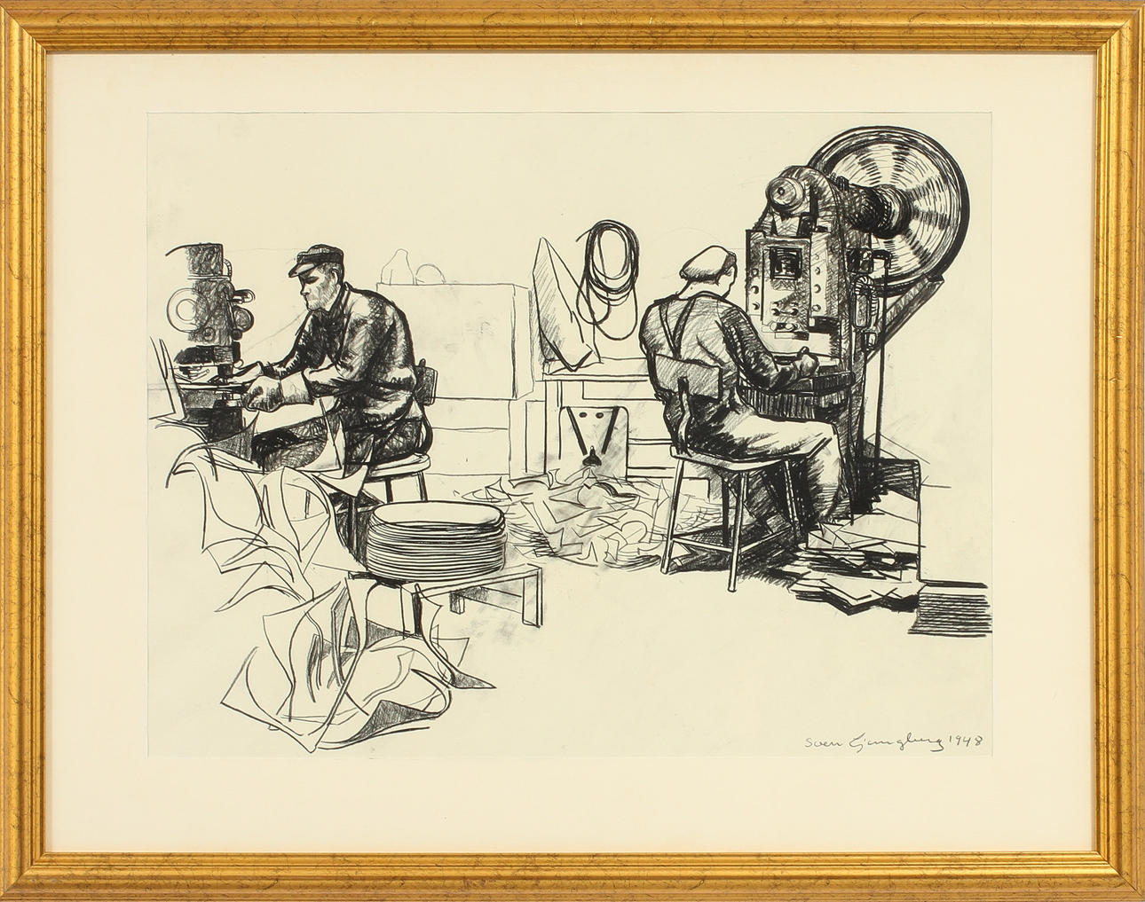 SVEN LJUNGBERG. Vid maskinerna. Kolteckning, signerad och daterad 1948.