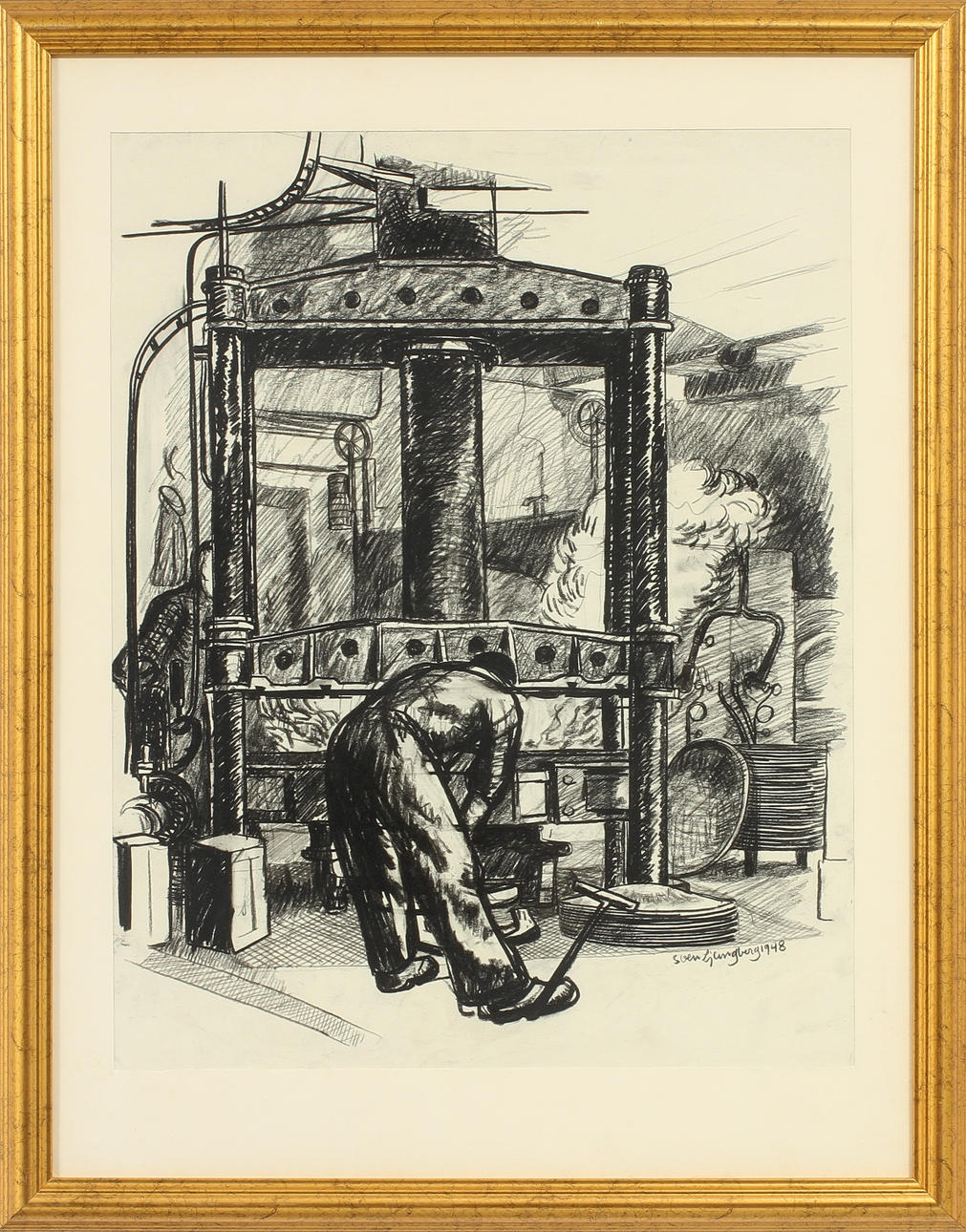 SVEN LJUNGBERG. Arbete vid ugnen. Kolteckning, signerad och daterad 1948.