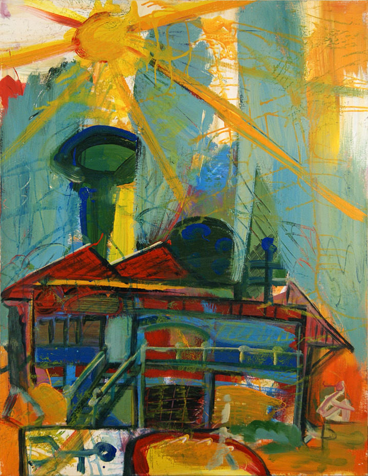 SCHMEJKAL, HANS-JÜRGEN. ” Mitt fritidshus.” Olja/dispersion på tyg. 130 x 100 cm A tergo bez., dat. och Betit.: 1427/1.5.98/min semesterbostad. Oinramad.