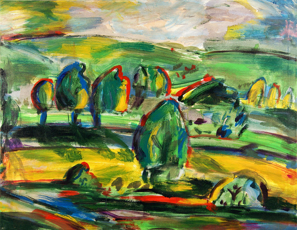 SCHMEJKAL, HANS-JÜRGEN. ”Färgat land 2". olja/tyg. 100 x 130 cm A tergo bez., dat. och Betit.: 1766/12.5.02/färgat land 2. Oinramad.