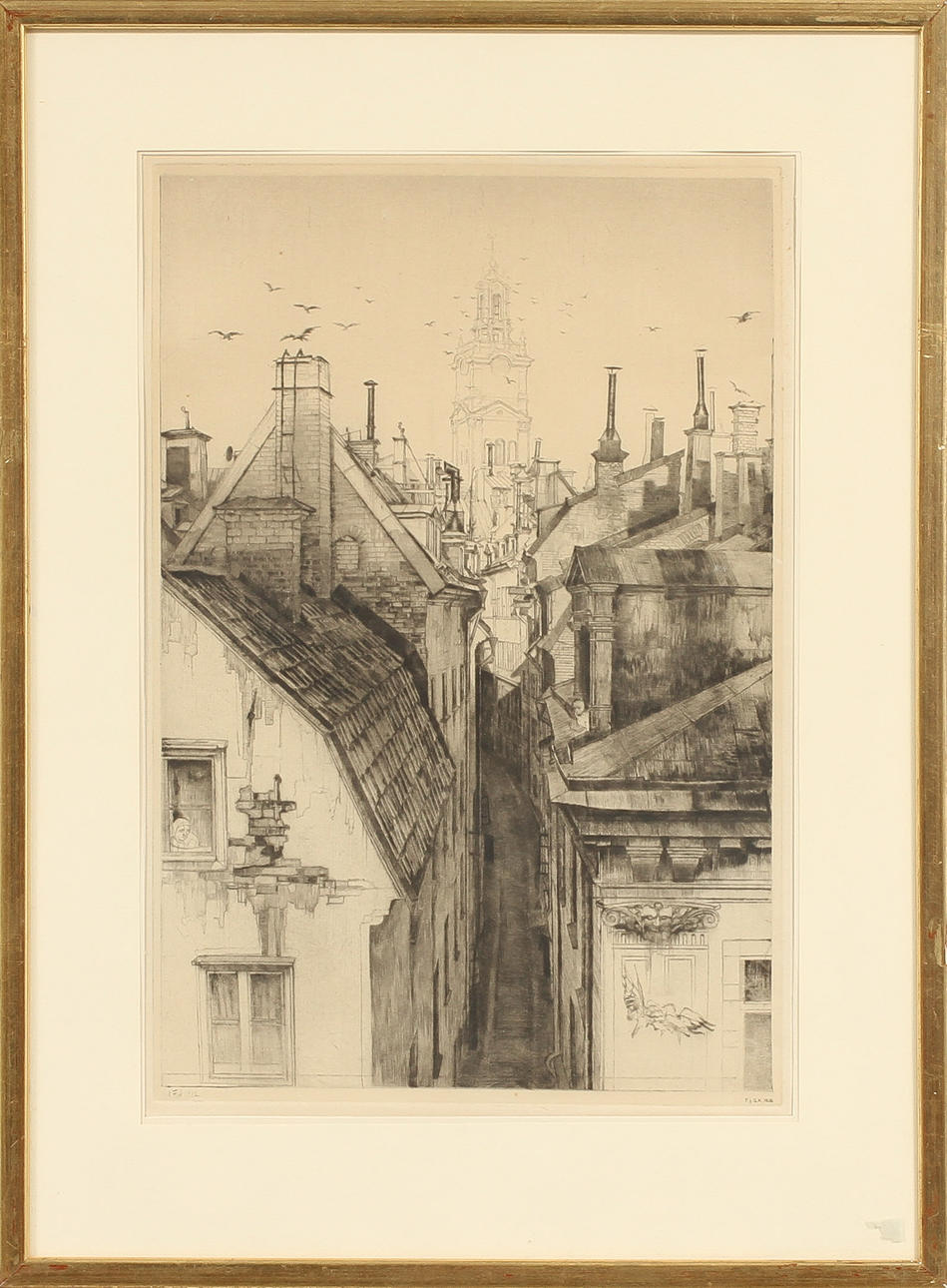 AXEL FRIDELL. "Göran Helsinges gränd" Stockholm 1932. Torrnål, III état, signerad och daterad i plåten.