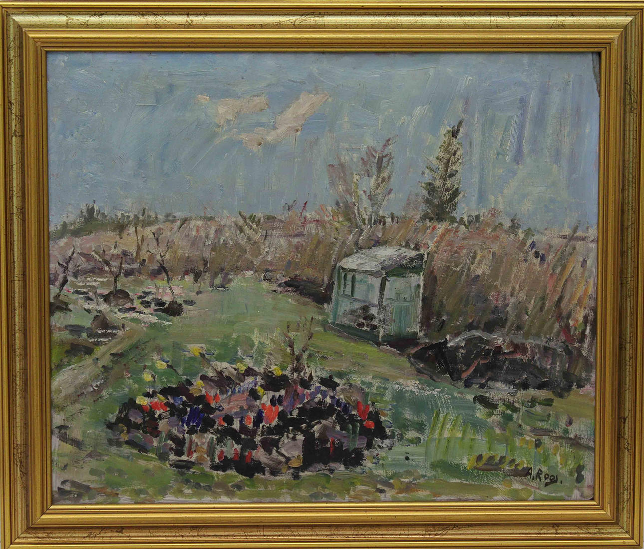 ALEXANDER ROOS. Trädgårdsmotiv. Olja på pannå. Signerad A Roos.