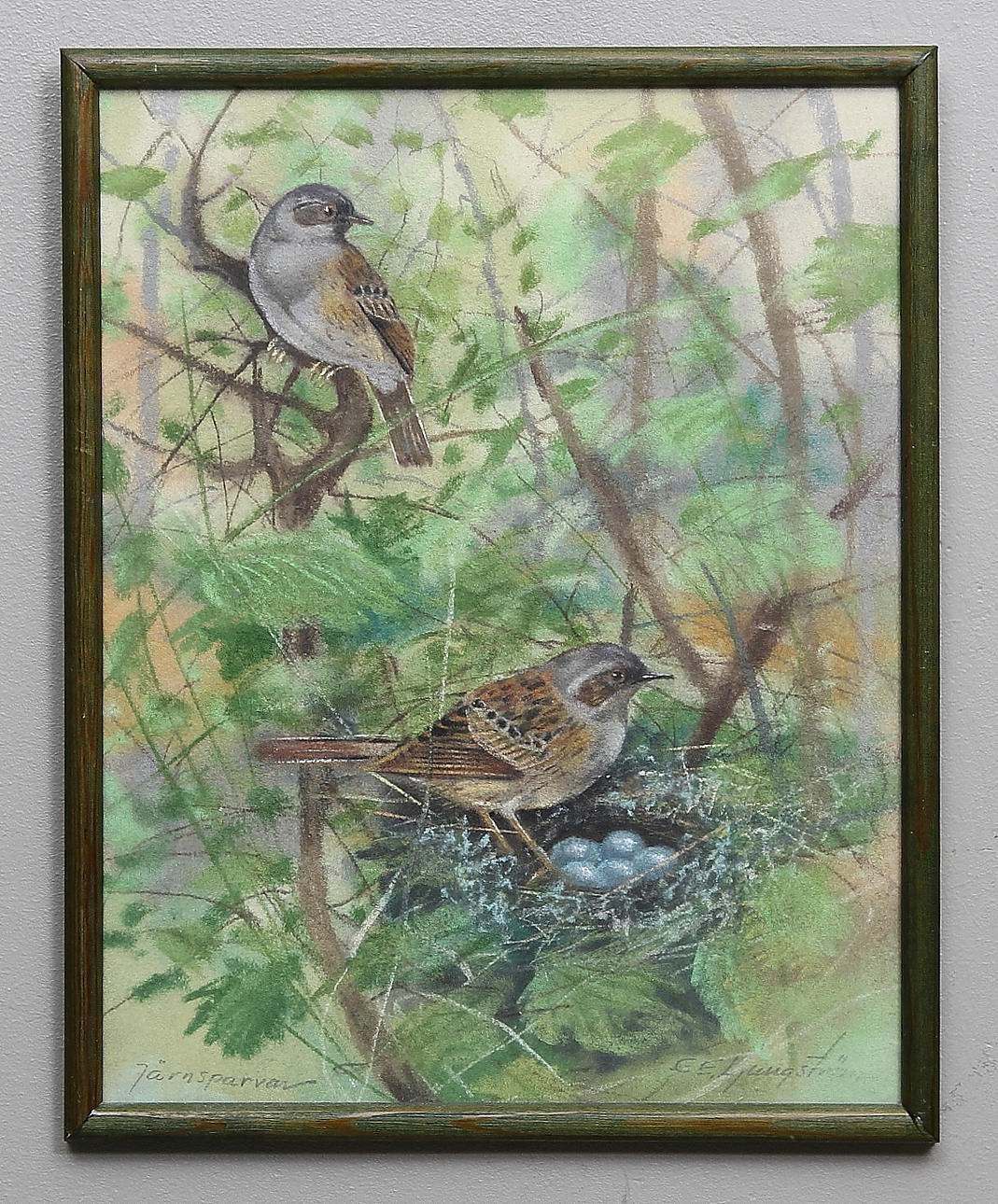 CARL-ERIK LJUNGSTRÖM. "Järnsparvar". Pastell. Signerad C-E. Ljungström.