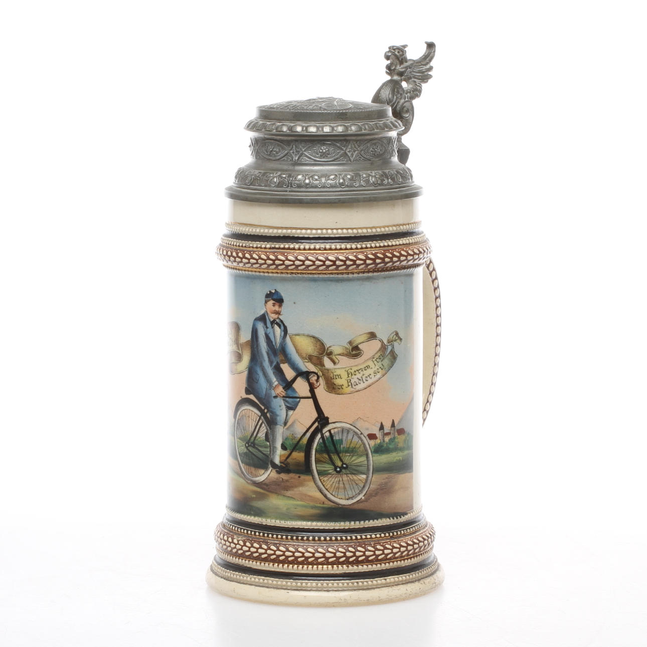 STOP, keramik, med tennlock, målad dekor av cyklist, Tyskland, 1800-talets slut.