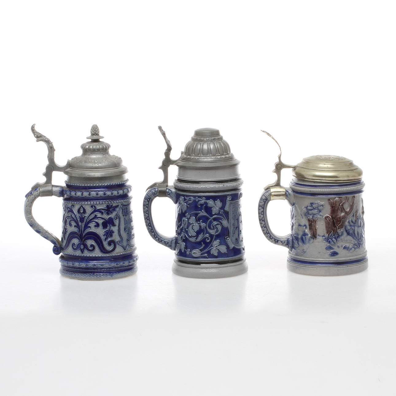 STOP, 3 st, stengods, lock i tenn samt nysilver, Tyskland, 1800-talets slut.