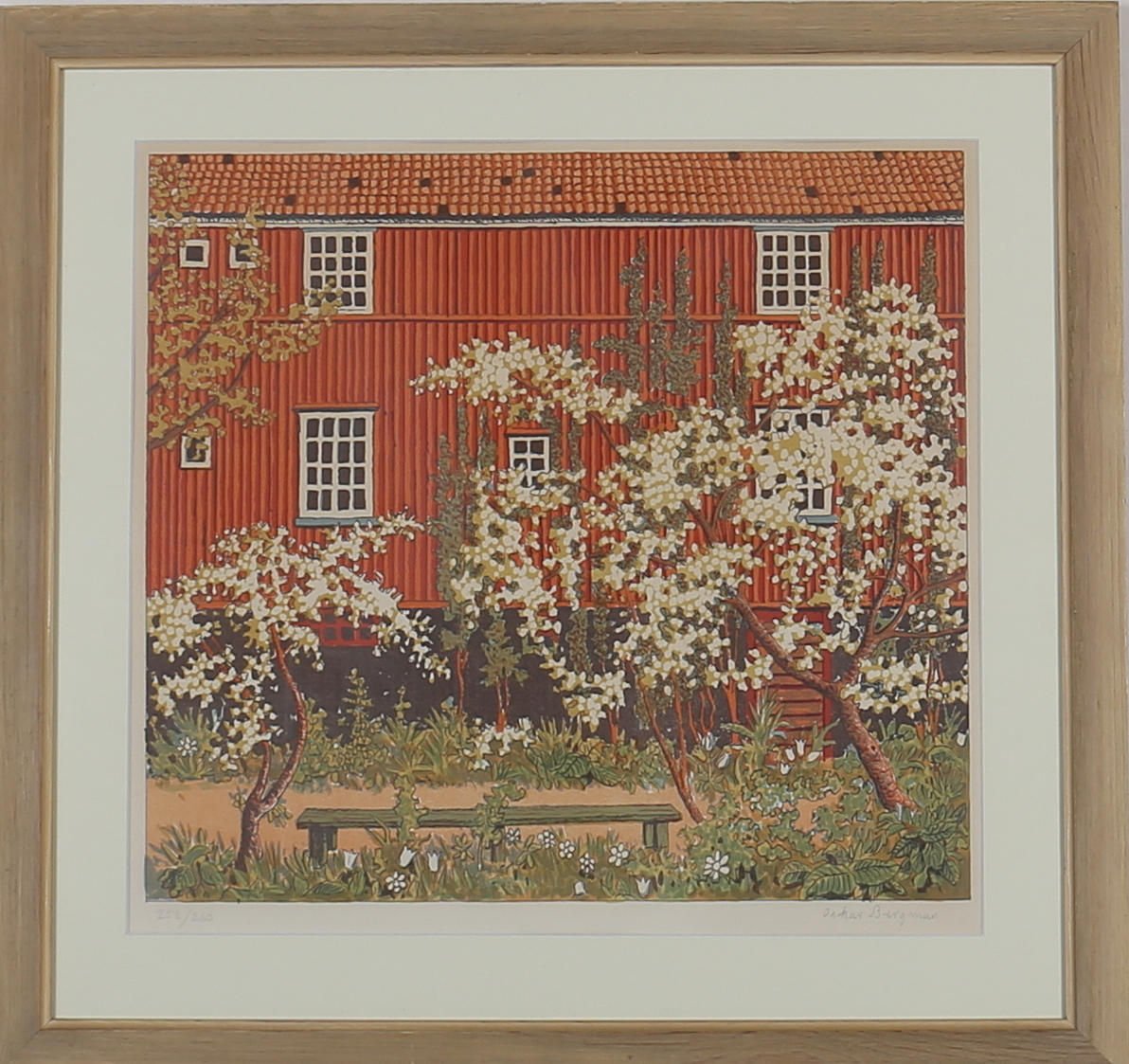 OSCAR BERGMAN. Blommande träd. Färglitografi. Signerad och numrerad 258/260.