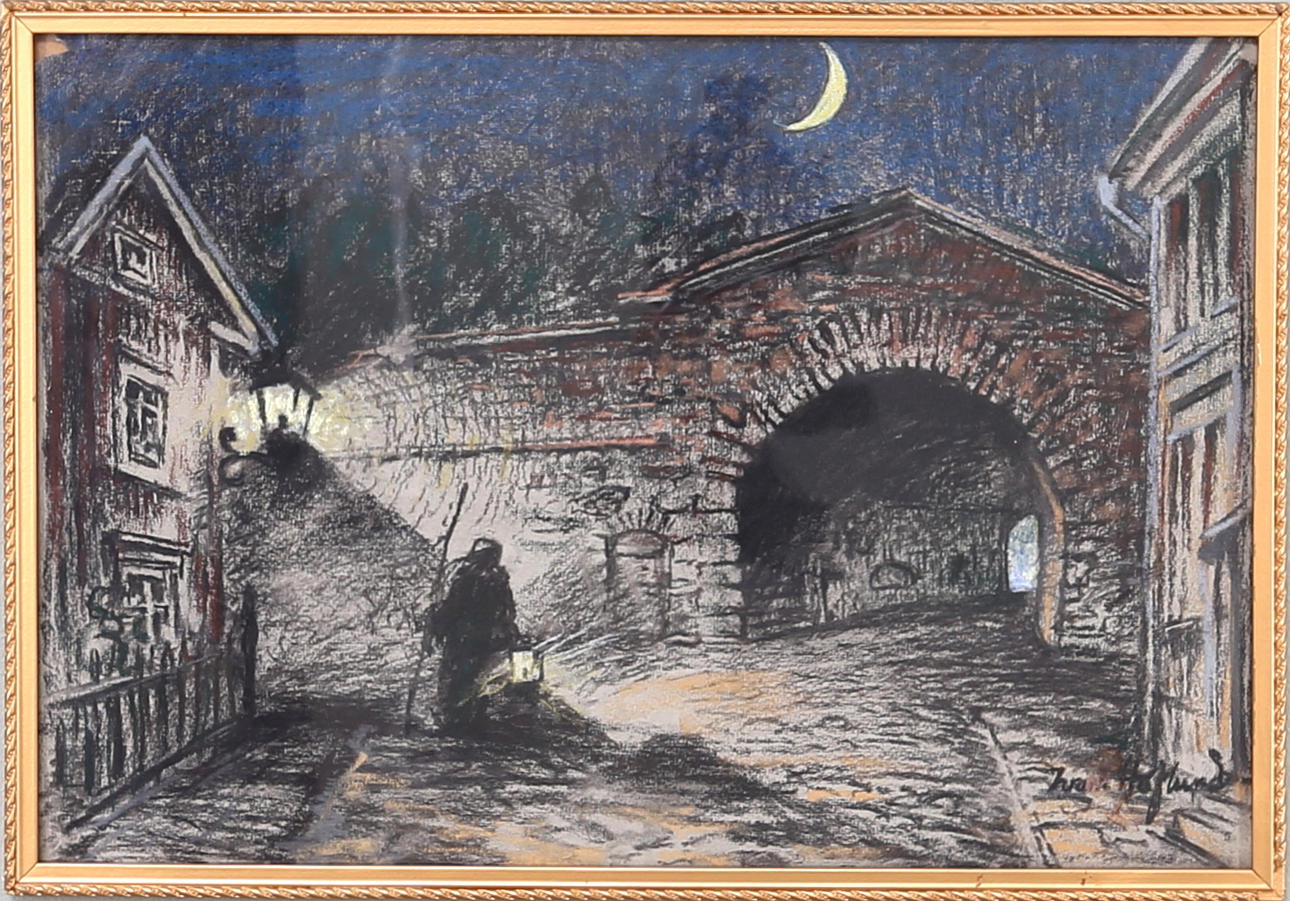 IVAN HOFLUND. Nattvakten vid Västerport Kalmar, Krita på papper, signerad Ivan Hoflund.