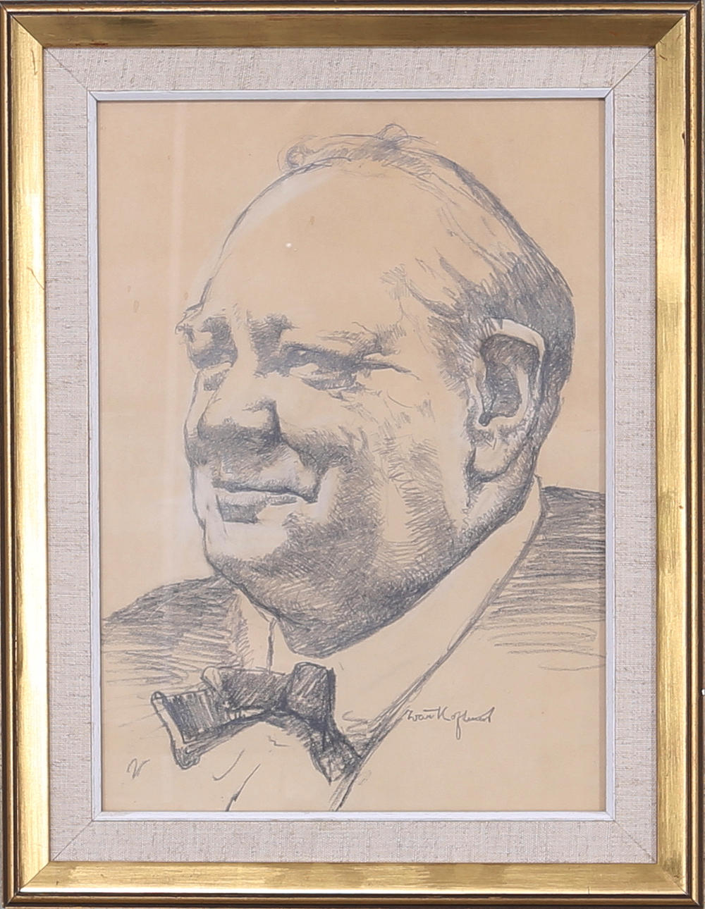 IVAN HOFLUND. Porträtt av Winston Churchill, teckning, signerad Ivan Hoflund.