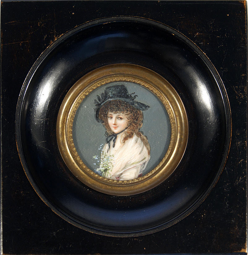 PORTRÄTT MINIATYR. 20. århundrade tempera målning D. 4,6 cm (bildskärmsmått). R. u. otydlig. ref. träram.