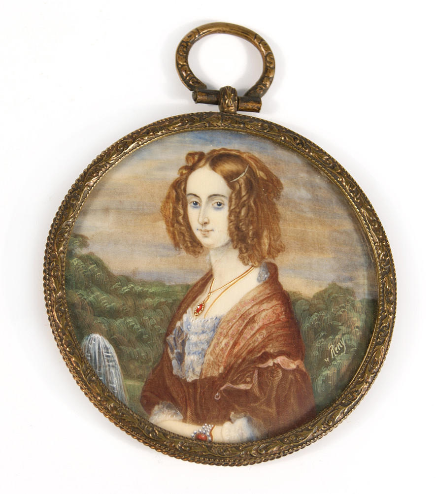 PORTRÄTT MINIATYR. 20. århundrade tempera målning D. 6,7 cm R. u. ref.: Reny. Blommig relief mässing ram.