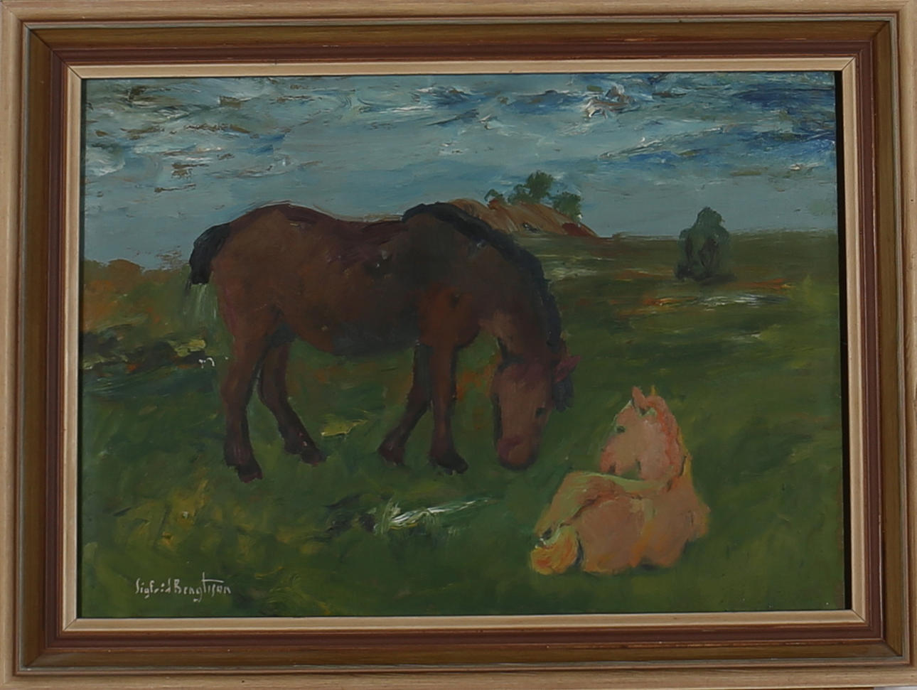 SIGFRID BENGTSSON. Betande hästar. Olja på pannå. Signerad.