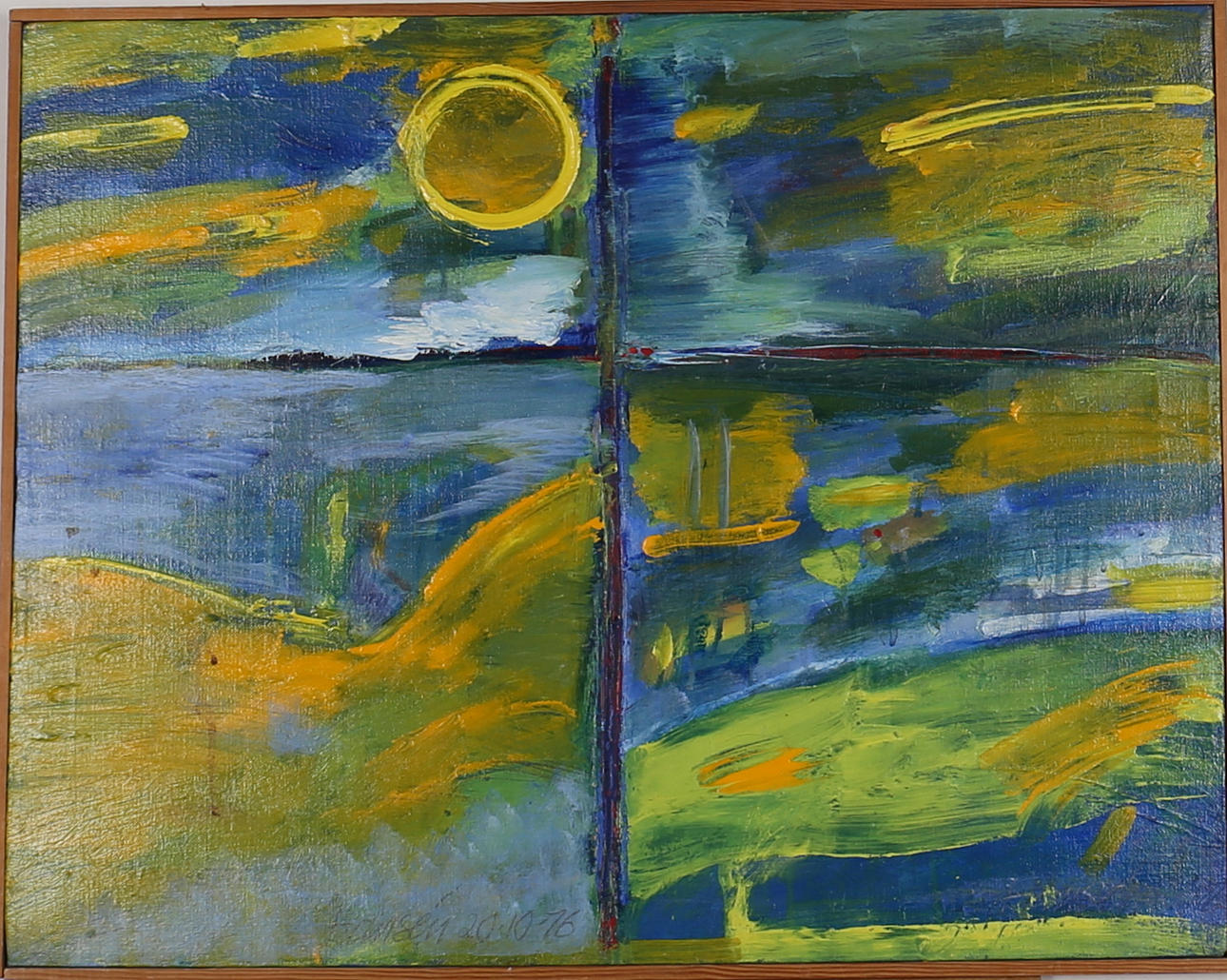 P O HANSEN. Komposition med landskap. Olja på duk. Signerad och daterad 20.10.76.