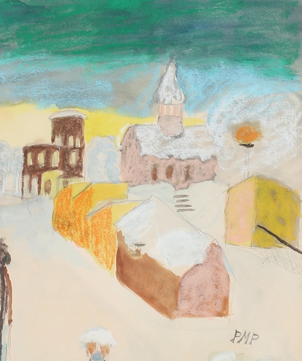 PRIMUS MORTIMER PETTERSSON. "Vinteridyll", blandteknik, monogramsignerad PMP.