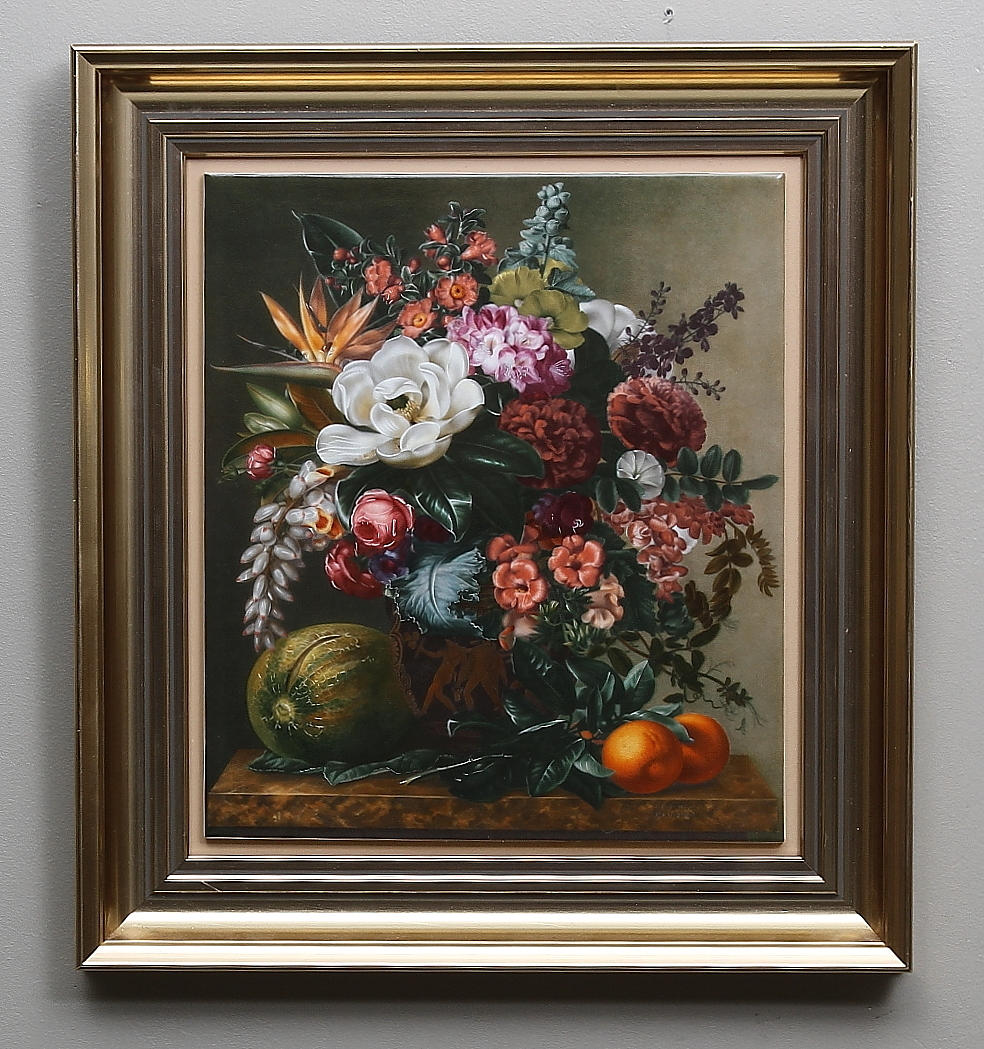 PORSLINSMÅLNING, J L Jensen, Royal Copenhagen, "Den repræsentative praktbuketten", numrerad 449/7500.