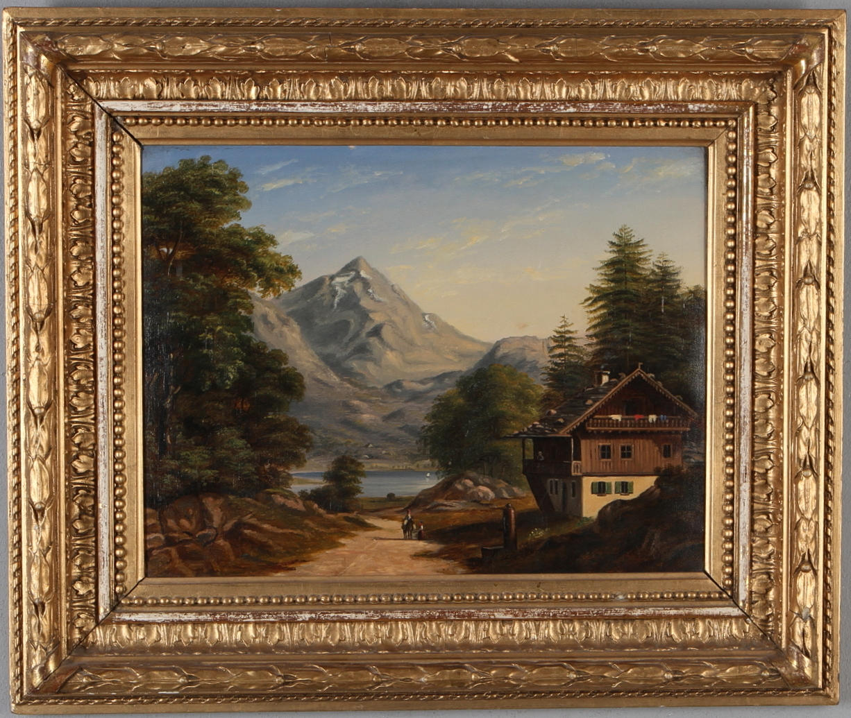 OIDENTIFIERAD KONSTNÄR. Alplandskap med figurer och hus, olja på duk.