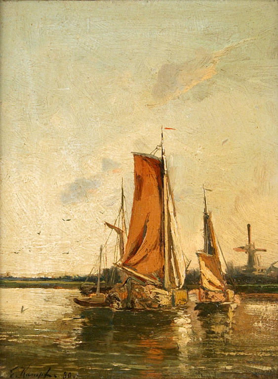 KAMPF, EUGEN. ”Två båtar” - olja/trä. 21 x 15,5 cm L. u. tecken. och dat.: E. Kampf (18) 80. ram. Belyst.: Thieme/Becker, 19/20, s. 508.