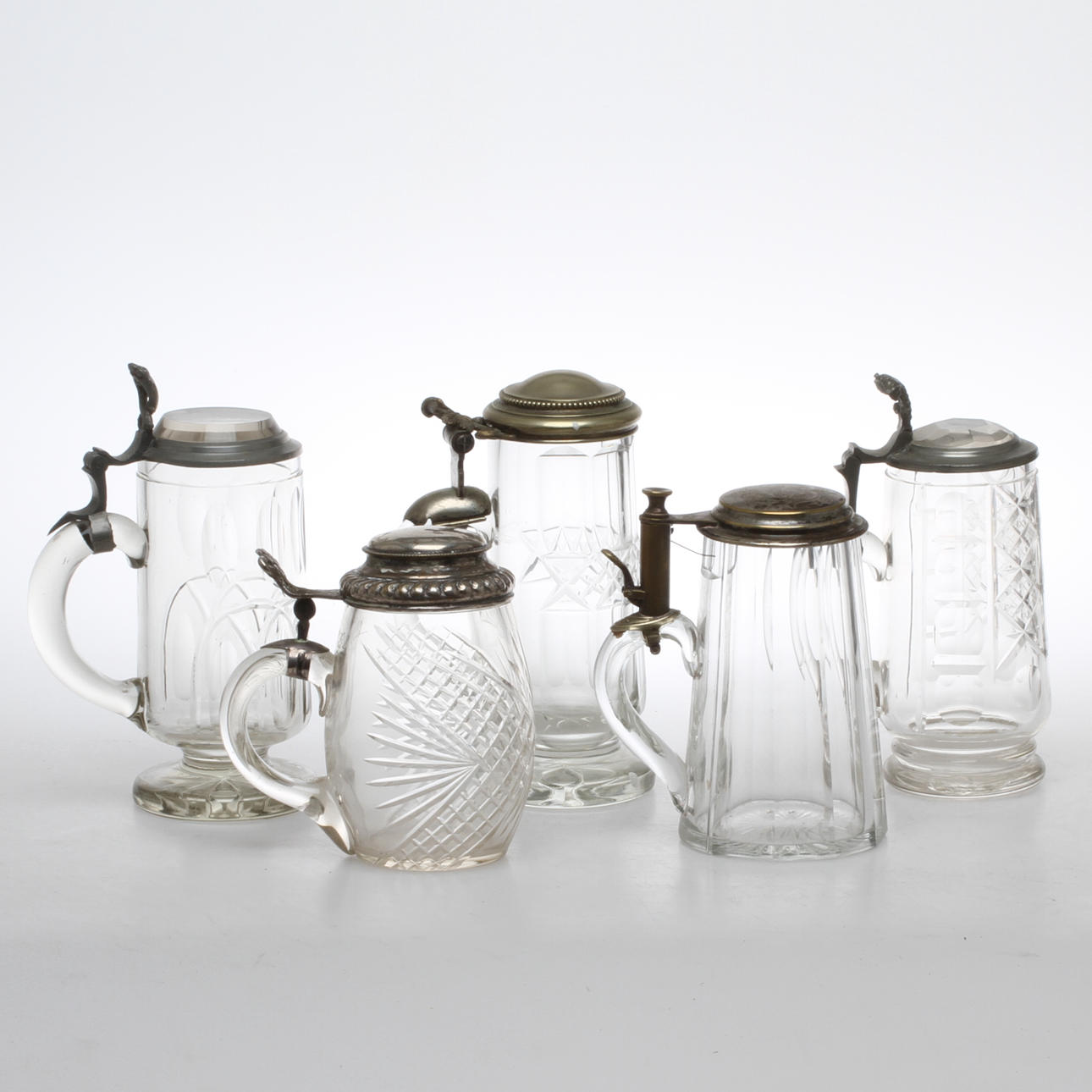 STOP, 5 st, glas med tenn och nysilverlock, 1800/1900-tal.