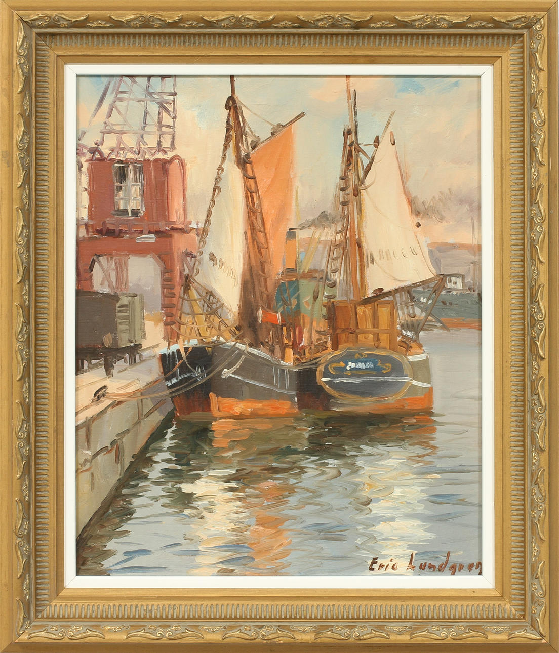 ERIC LUNDGREN. "Göteborgs hamn", olja på duk, signerad.