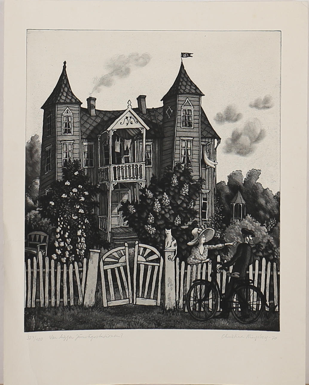 CHRISTINA RINGSBERG. "Vart ligger järnvägsstationen" Etsning. Signerad, daterad -70 och numrerad 327/400.