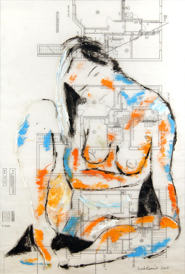 RAMINSKI, MAREK. Naken skildring på teknisk ritning. olja/pergamentpapper. 83 x 56,5 cm R. u. skylt. och dat.: Marek Raminski 2008. Inramad under glas i passe-partout.