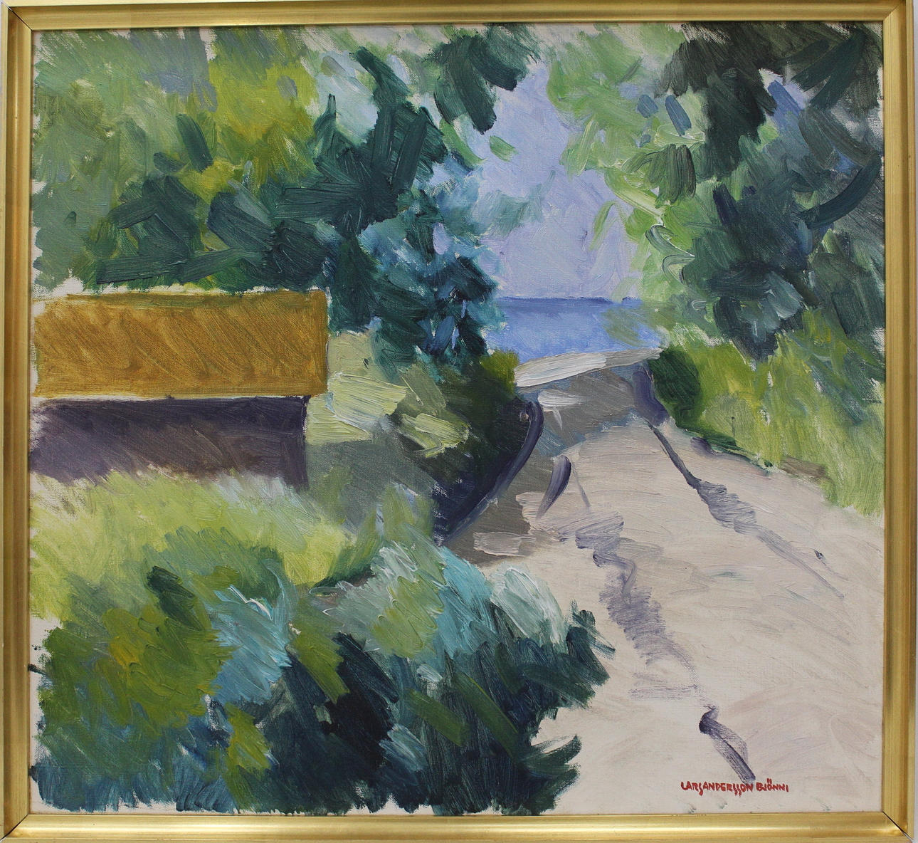 LARS ANDERSSON BJÖNNI. olja på duk, stuga vid vatten, signerad.