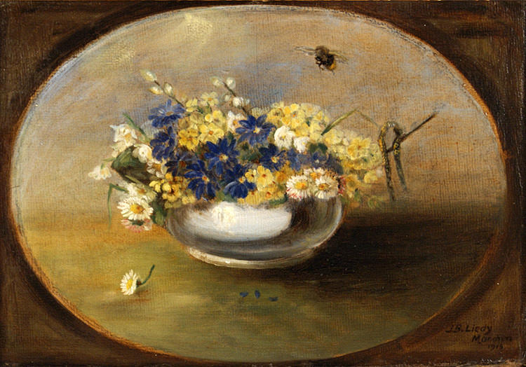 LIEDY, J. B. ”Stilleben av blommor.” olja/kartong. 26 x 38 cm R. u. tecken., Ortbez. och dat.: J.B. Liedy/München/1916. ram.