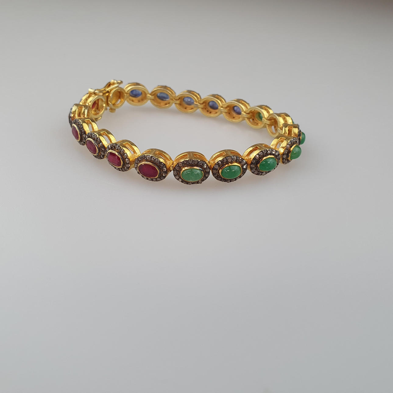 DIAMONDS RUBY EMERALD SAPPHIRE BRACELET, SILVER GOLD PLATED.