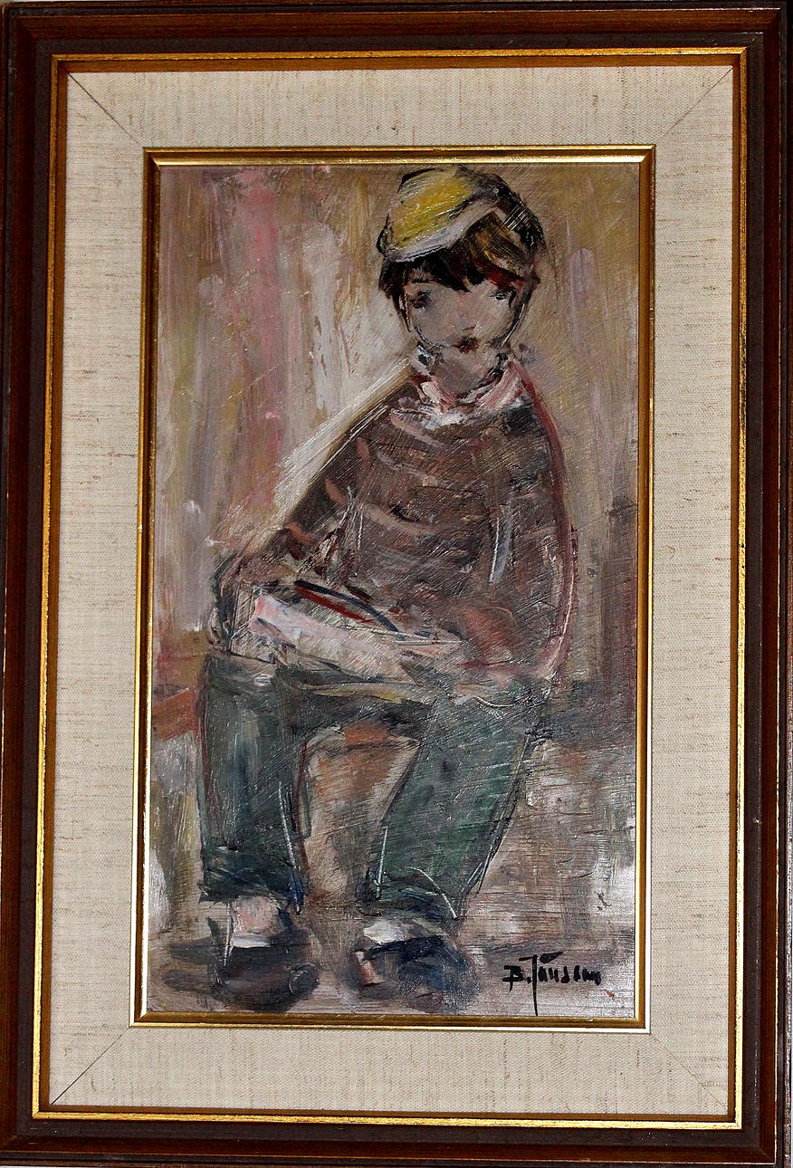 BROR JÖNSSON. olja på pannå, sittande pojke, signerad.