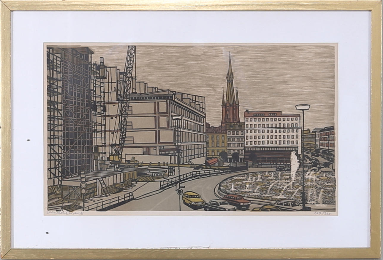 SVEN OLOF EHREN. "Sergels Torg", färglagt träsnitt/litografi, signerad o daterad sven olof ehren 71.