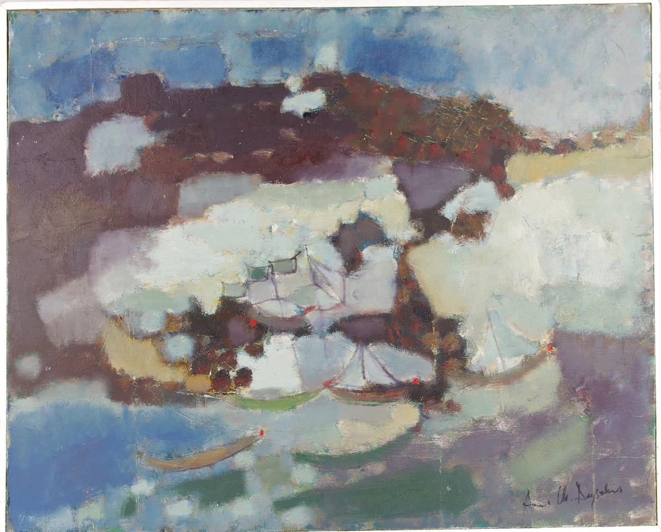 OIDENTIFIERAD KONSTNÄR. komposition med båtar, olja på duk.