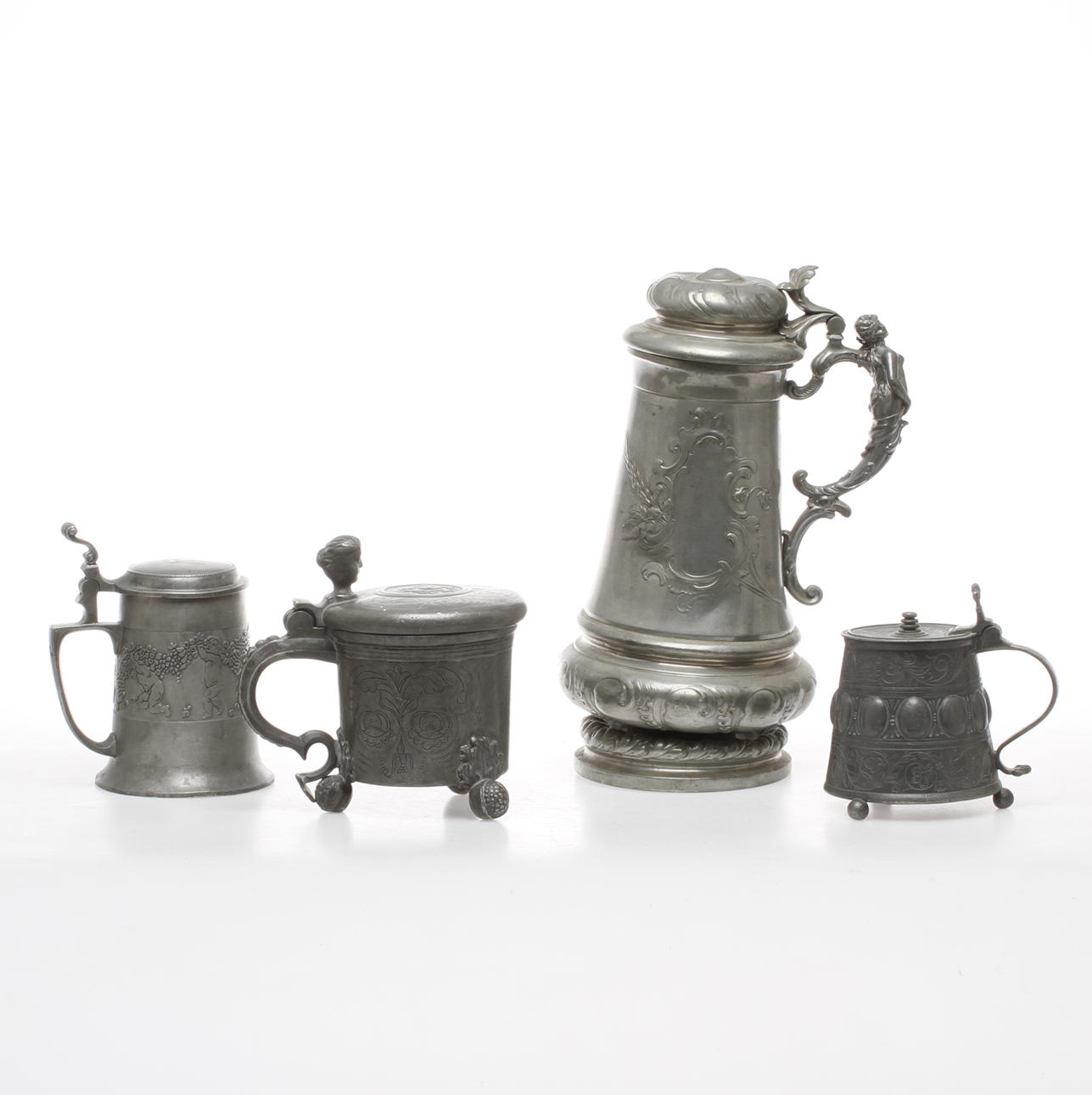 STOP, 4 st, tenn och metall, bland annat barockstil, omkring 1900.