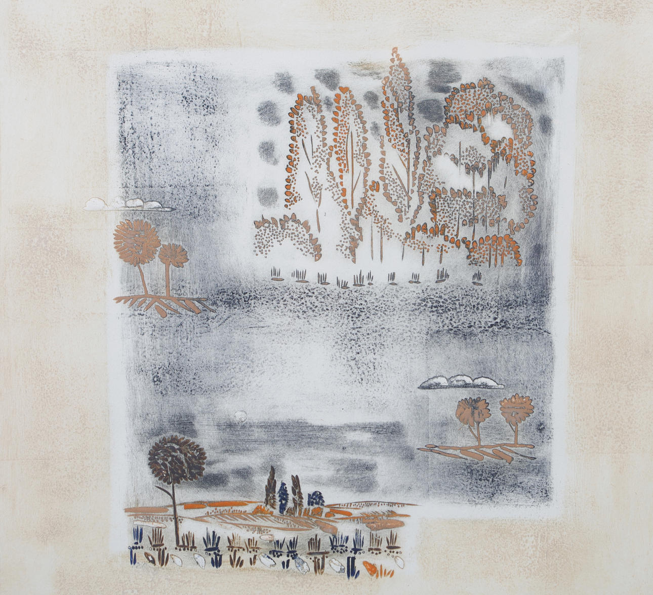 OIDENTIFIERAD KONSTNÄR. Komposition med landskap, etsning, otydligt signerad.