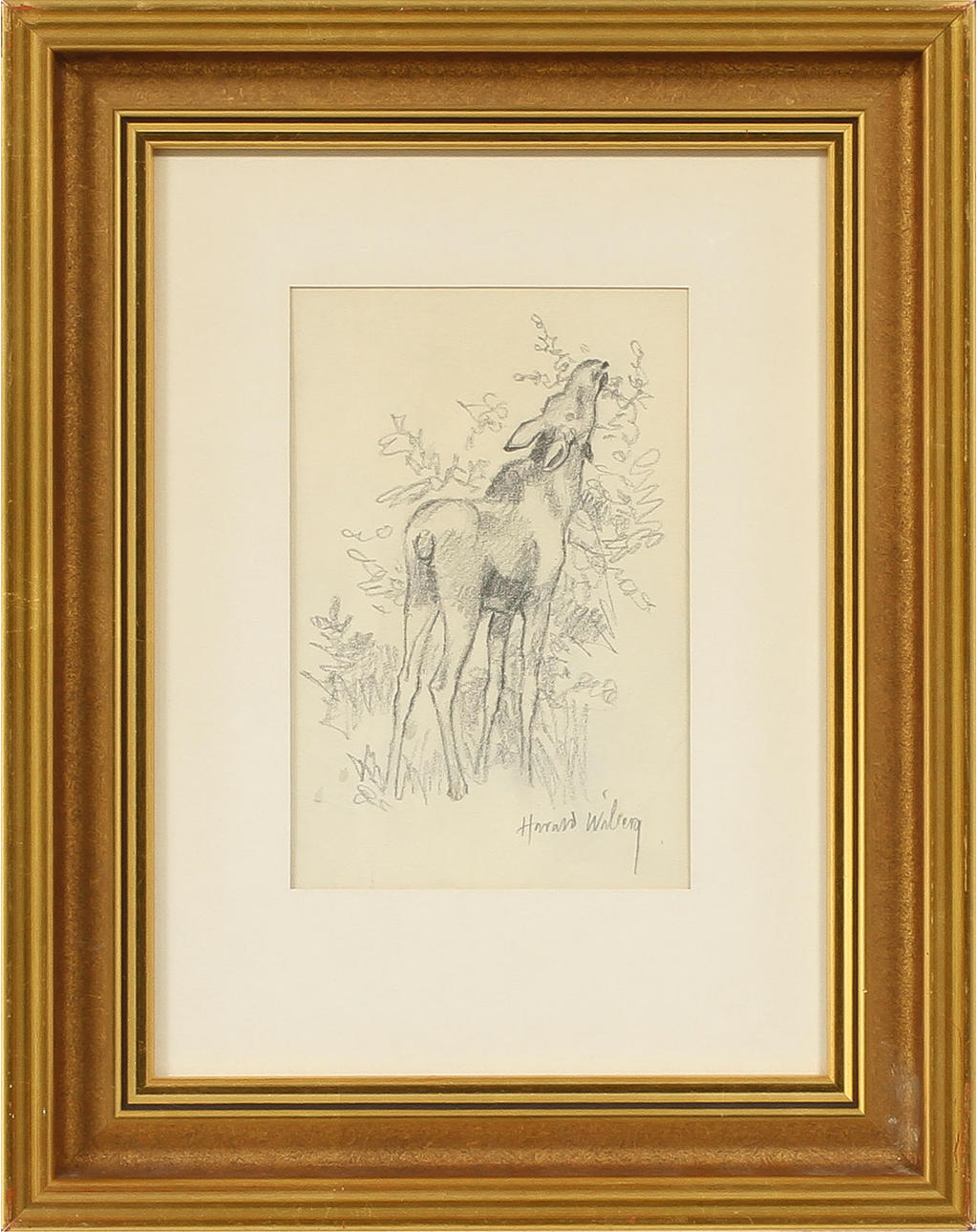 HARALD WIBERG. Älg, jägare och rådjur. Blyertsteckningar, 3 st. Signerade.