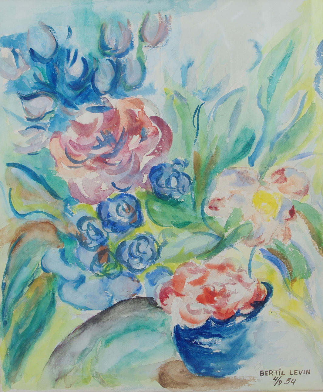 BERTIL LEVIN. Blomsterstilleben, akvarell, signerad 4/9 -54.