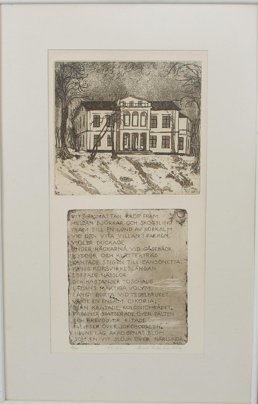 ANNA-LISA MARKBY. Composition with house, etching, signed.