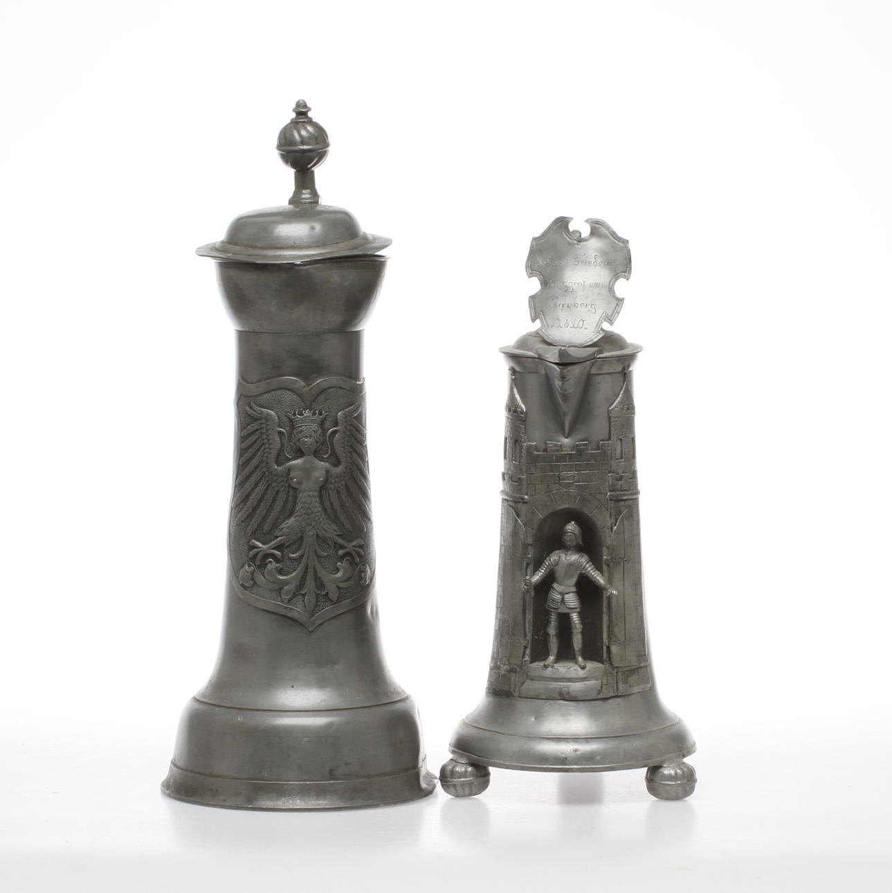 STOP, 2 st, tenn, bland annat med dekor av riddare, Tyskland, 1800-tal.