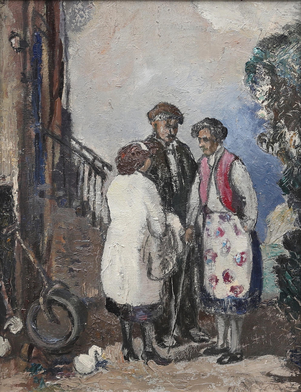 NANCY GRAHAM. Conversation, oil on Board, signed.