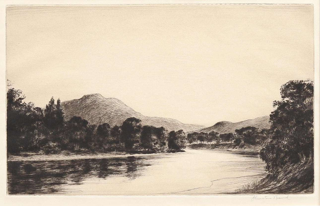 JONATHAN BAIRD. Landscape by lake, etching, signed.