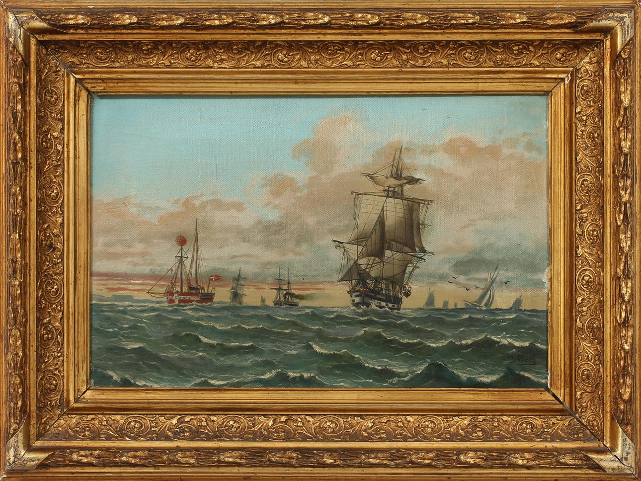 WILHELM ÅBERG. Marin med segelfartyg, olja på duk, signerad W Åberg 1864.