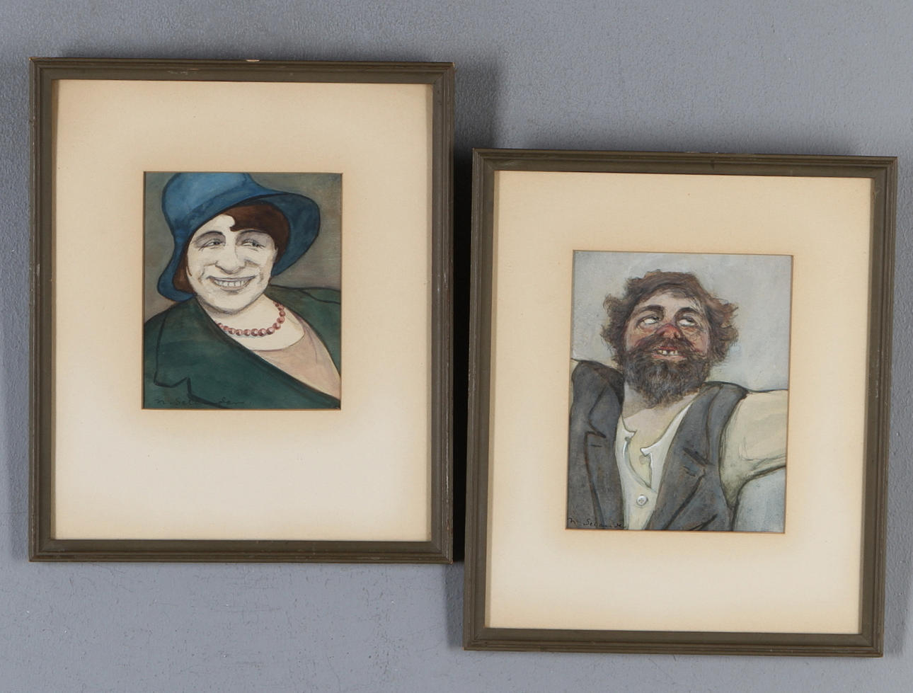 NILS SELANDER. 2 st , porträtt, blandteknik. signerade.