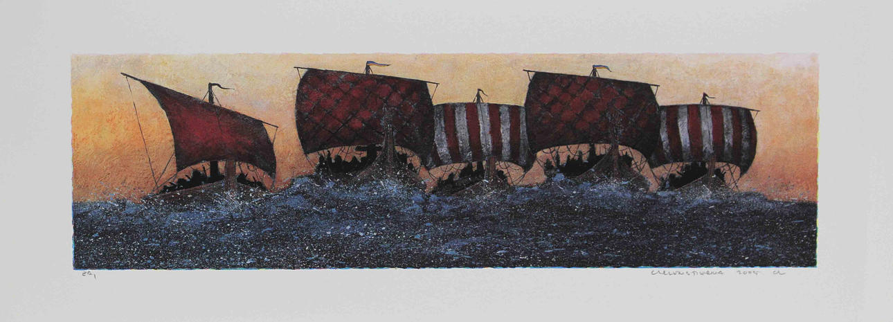 CARL-RIKHARD CARLENSTIERNA. Vikingaskepp. Offsettryck (4). Signerade Carlenstierna 2005. EA.