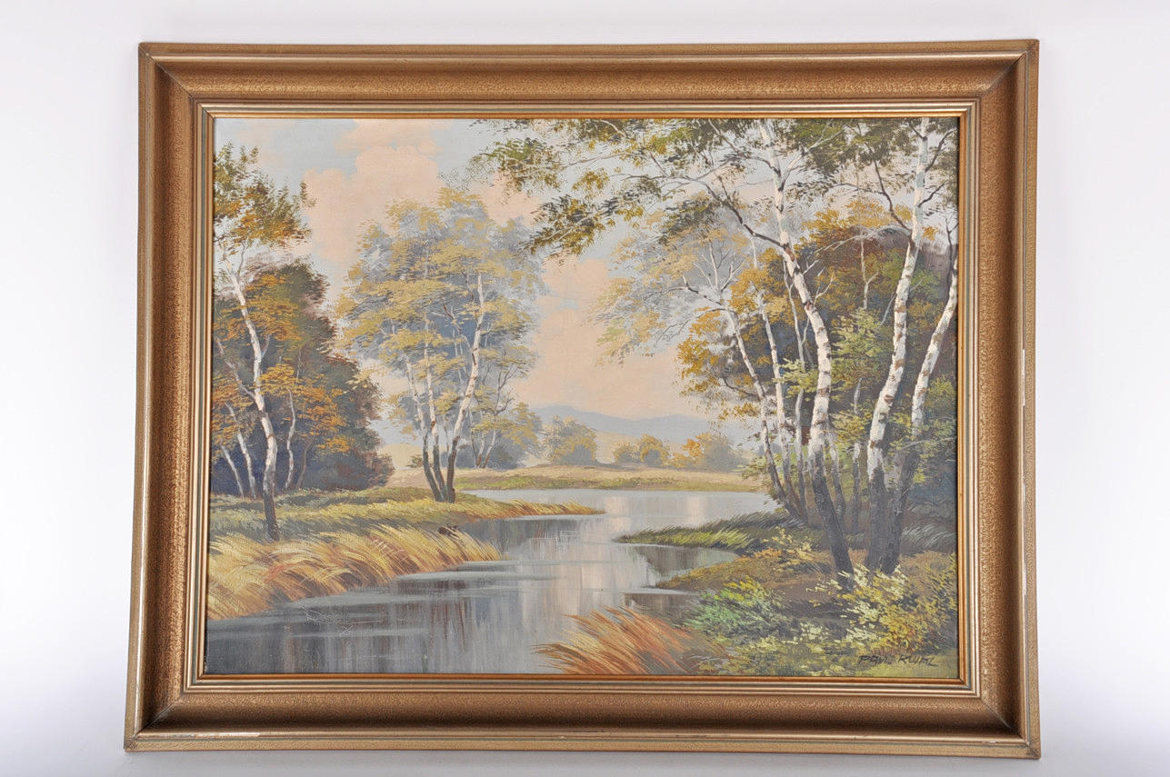 PAUL KUJAL. Bank lined with birch trees. Oil on canvas.