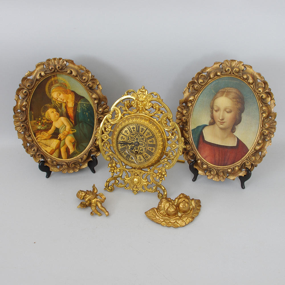 BORDSUR, ÄNGLAR SAMT TAVLOR, 5 delar, förgyllt och bronserat.