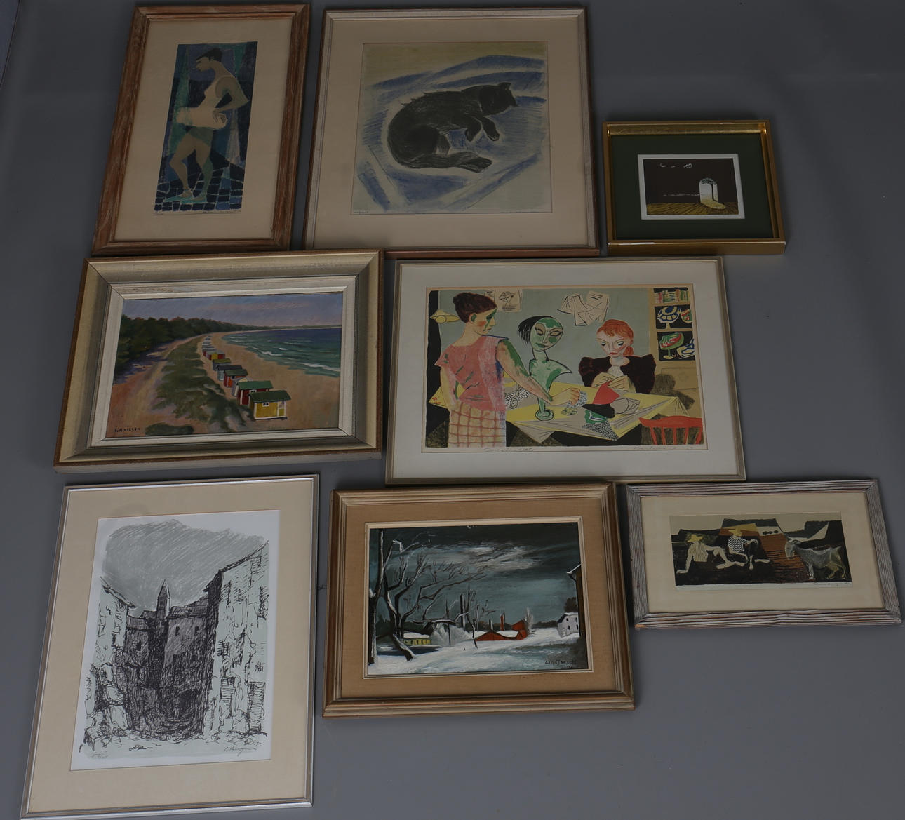 PARTI TAVLOR (8). Olika motiv. Grafik etc. Bl a Gerhard Karlmark etc.