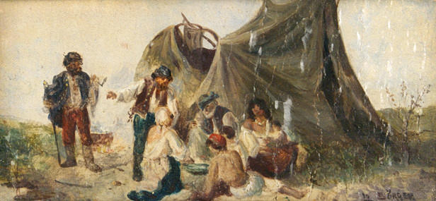 BÜRGER, LEOPOLD. ”Vilande zigenare.” olja/trä. ca. 11,5 x 19,5 cm R. u. tecken.: L. medborgare. ram.