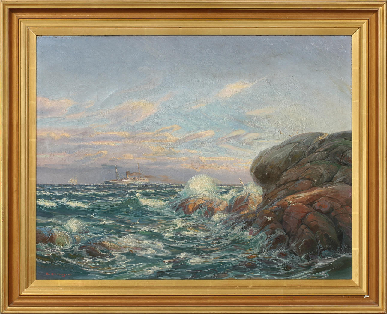 ARVID AHLBERG. Kustbild med fartyg, olja på duk, signerad -10.