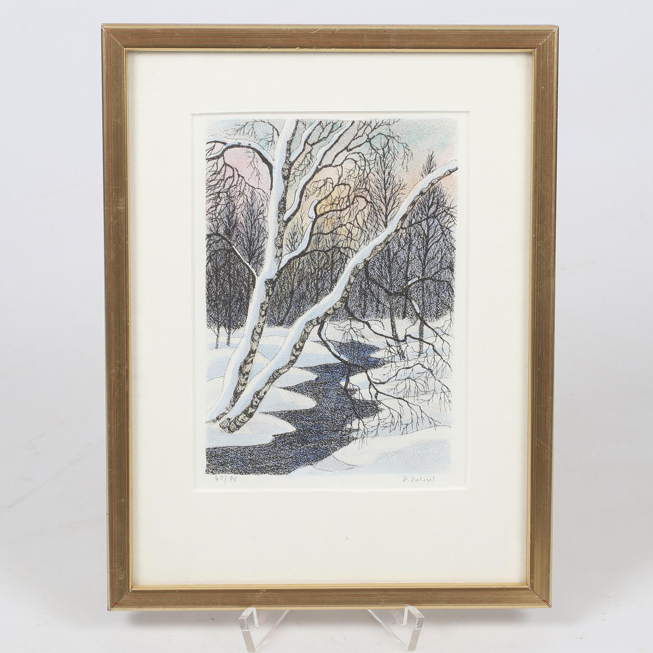 PER JULIUS. Brook in winter landscape, hand-colored lithograph, signed and numbered 60/90.