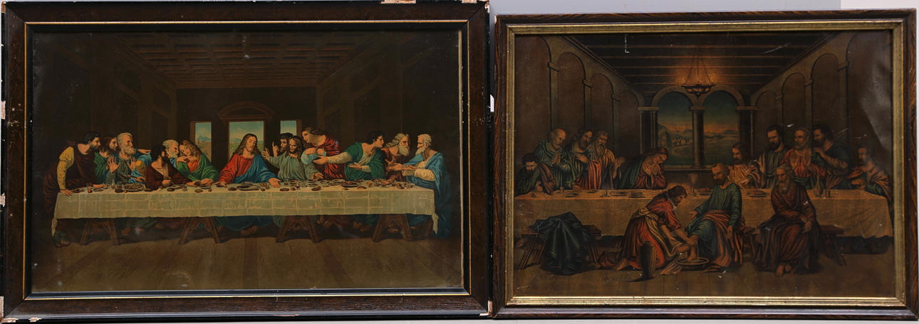 OIDENTIFIERAD KONSTNÄR. OLJETRYCK (2) Jesus tvättar lärjungarnas fötter och Nattvarden.