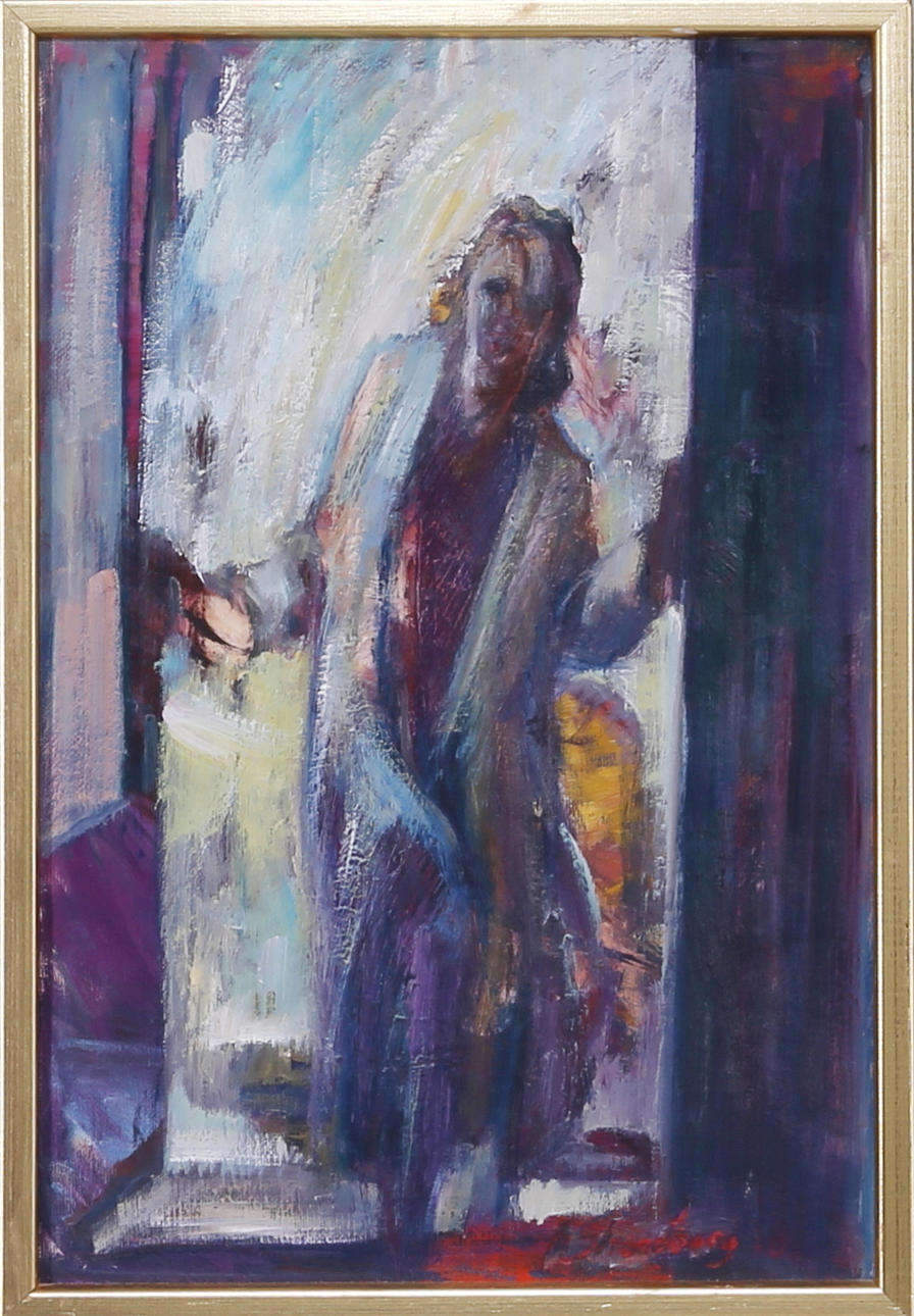 MONICA STRANDBERG. "Besöket", olja på duk, signerad Stranberg.