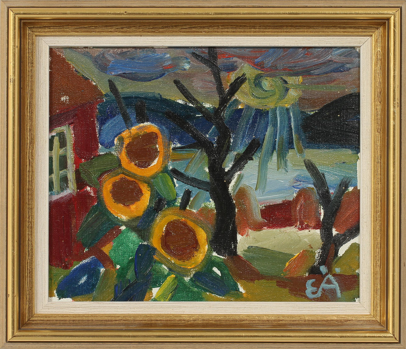 ERLING ÄRLINGSSON. Bergslandskap med sjö hus och solrosor, olja på pannå, sign.